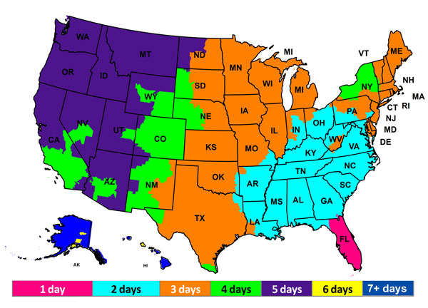 Image of the FedEx shipping map for the US showing which states get ground shipping and how long it will take